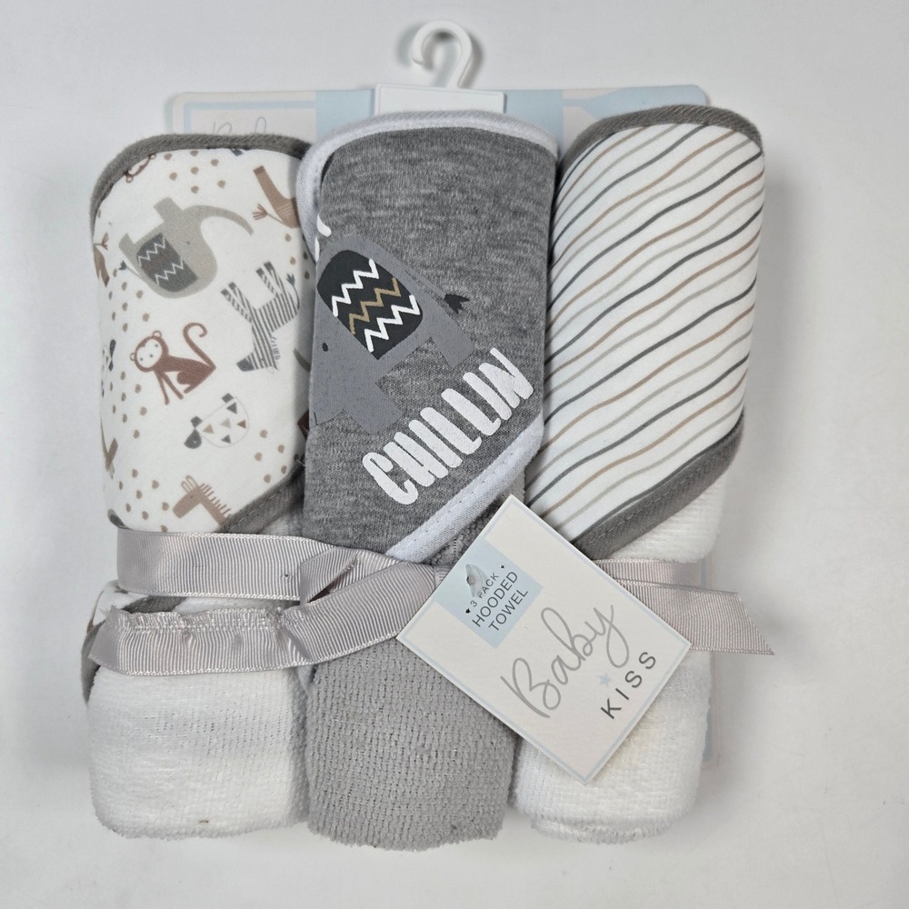 Baby Kiss Hooded Towel Unisex‎ Gray 3 Pack Safari Elephant Chillin Bath Set Gift